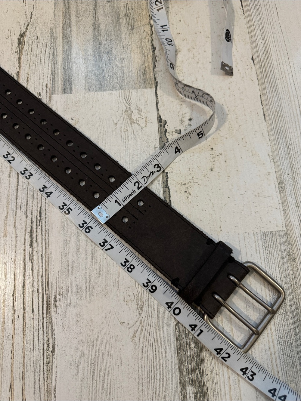 Vintage Leather Gray Two Hole Silvertone Double Prong Buckle Sizable Belt L 41” - Picture 11 of 14